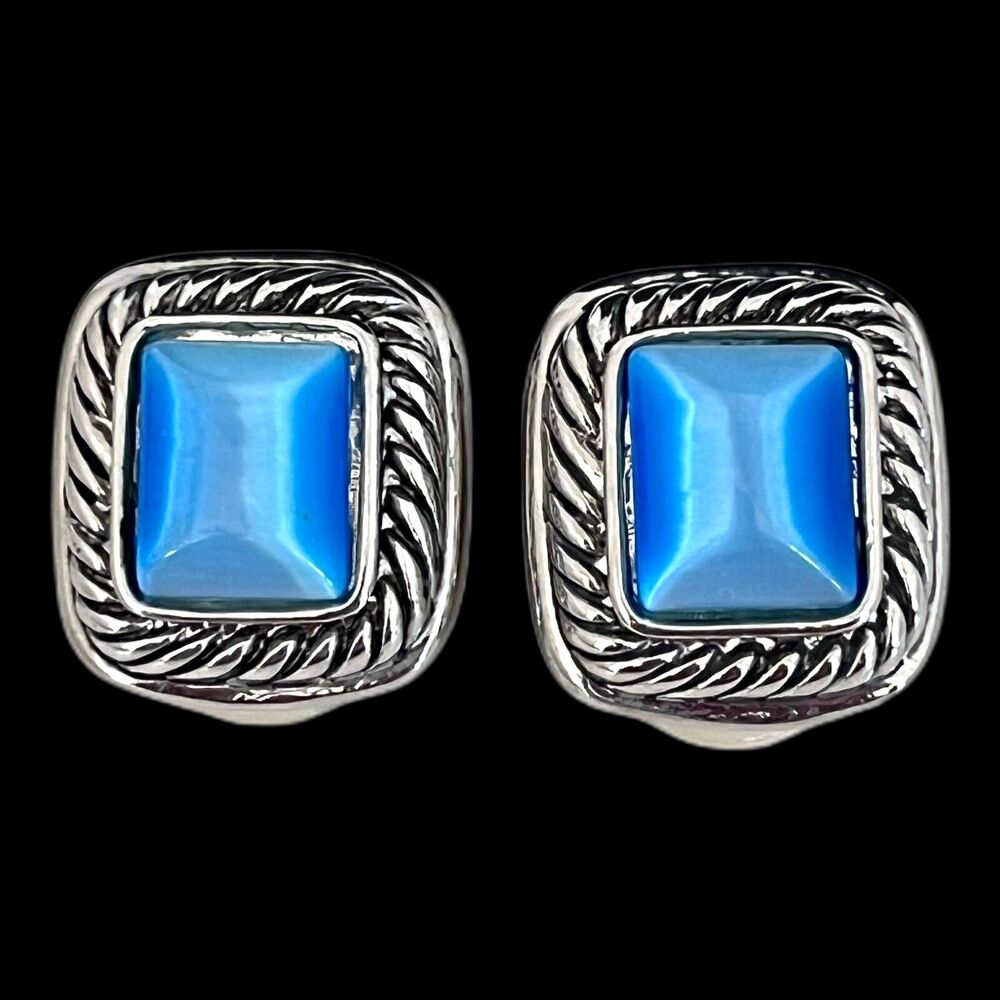 Vintage 1980s Cable Twist Clip On Earrings Blue Moonglow Silver Tone - 2R